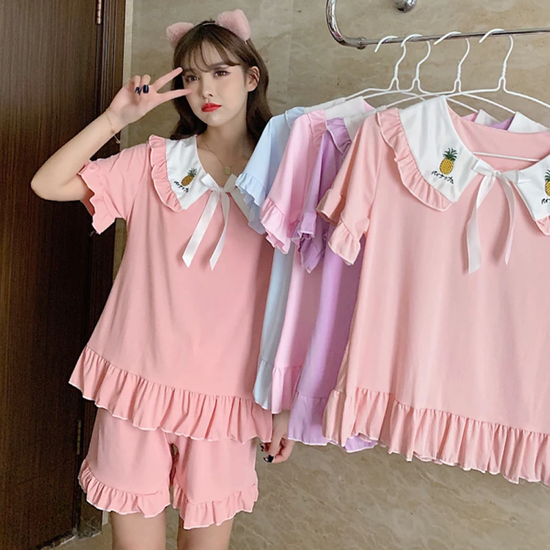 

New Simple Sleepwear Solid color Lounge Women Pajamas Sets Cotton Pyjamas Short Sleeve Shorts Ladies Pijama Soft Homewear Suit