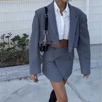 summer fashion two piece set cropped blazer mini skirts women solid colors short blazer suit y2k sweet skirt suits fake pocket