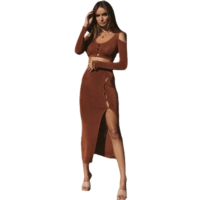 

Women's Dress 2021 New Button Cardigan Strapless Long Sleeve Top Sexy Slim Split Skirt Set Elegant Annabelle Dresses for Women