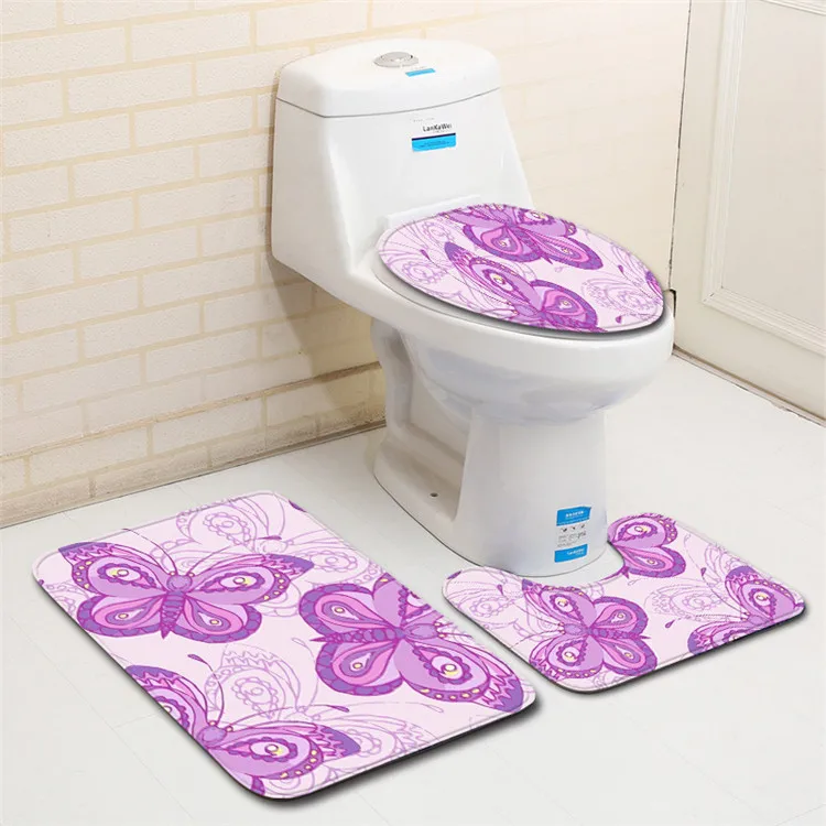 3pcs Bath Mats Butterfly Cartoon Anti Slip Bathroom Mat Set Coral Fleece Floor Bath Mats Washable Toilet Rugs Bathroom Products