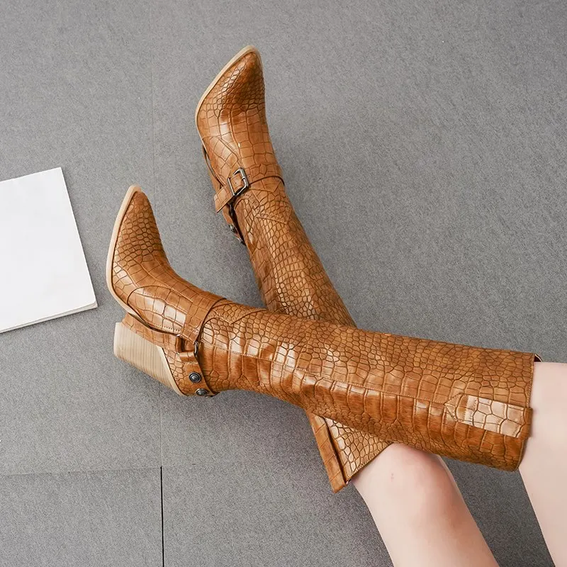 light brown MORAZORA/женские сапоги на платформе и высоком каблуке с острым носком; сезон осень-зима; женские сапоги до колена с пряжкой в западном стиле; женская обувь; коллекция года - Цвет: light brown