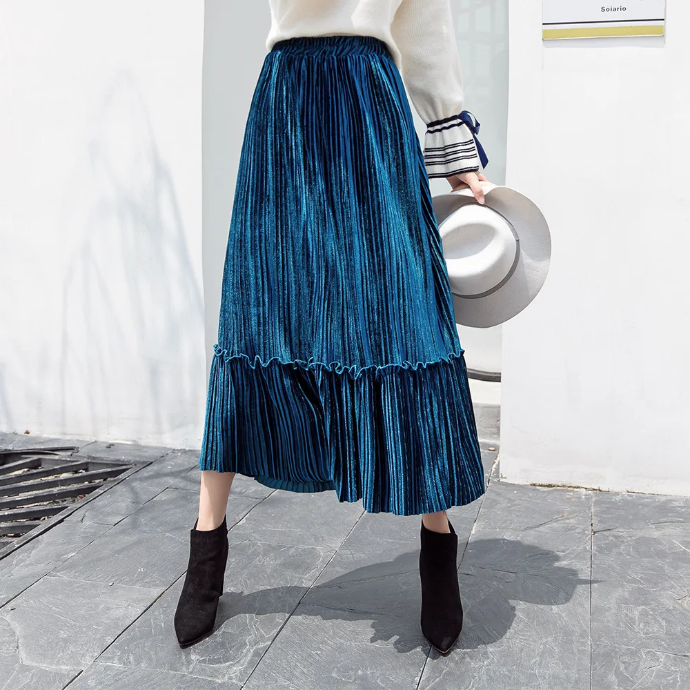 Женская плиссированная юбка до щиколотки однотонная бархатная с высокой талией