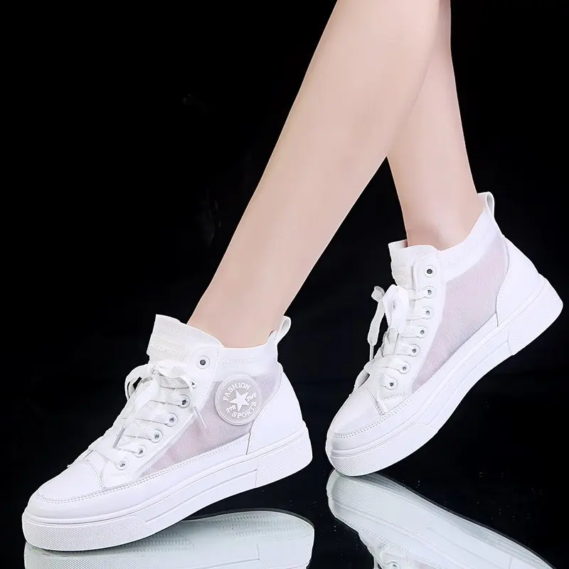

Platform Shoes Woman 2021 Fashion Casual Shoes Lace-up Canvas Sneakers Women Shoes Hollow Breathable White Shoes Women Sneakers