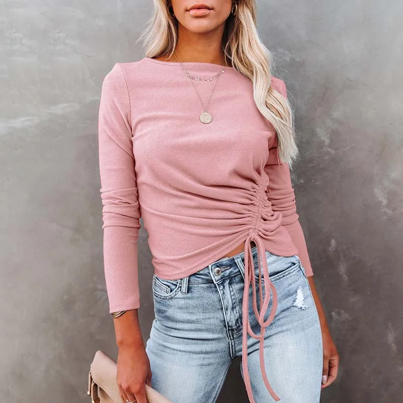 

New Pullover Sweater Tops Women Solid Long Sleeve O-neck Pleated Drawstring Slim Knitted Sweaters Female Streetwear Clothes