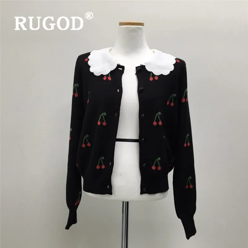 RUGOD Autumn Winter New Style Chic Cherry Pattern Doll Collar Cardigan Vintage Kawaii Knitted Sweater Cute Fashion 2019 |