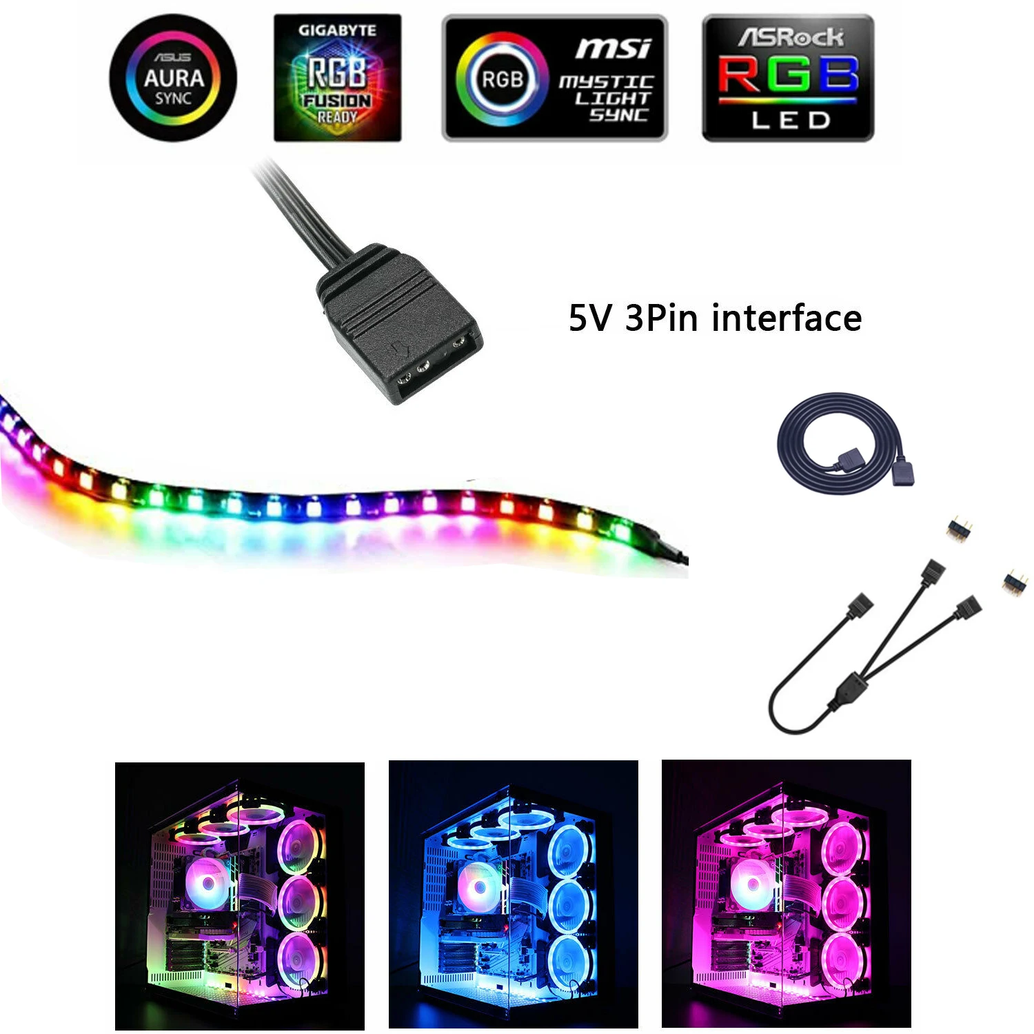 WS2812b цветных (RGB) светодиодных лент: 5V 3 Pin адресуемых ПК для ASUS AURA SYNC MSI светильник