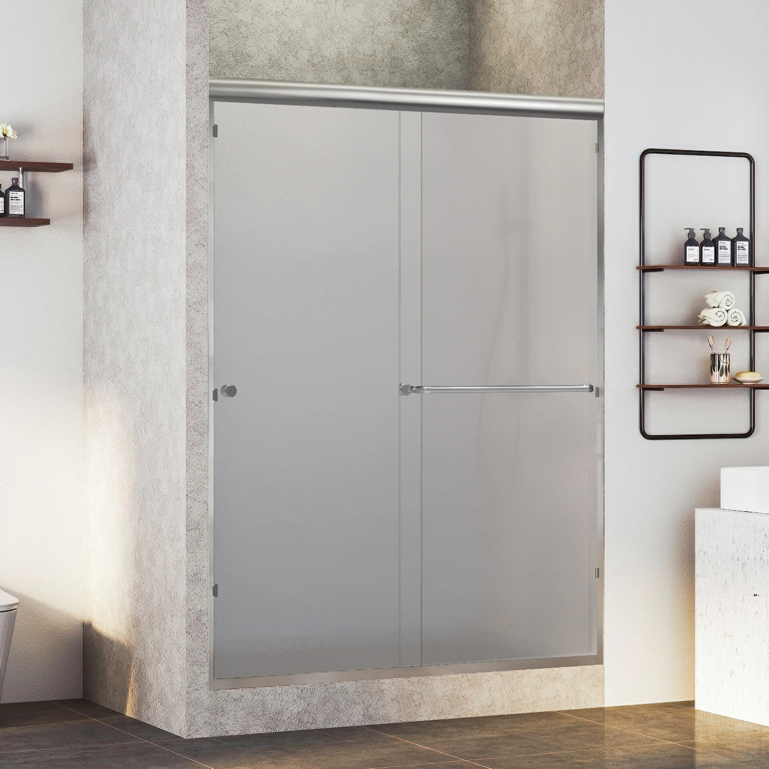 

Modern Frameless Double Sliding Shower Door Tempered Glass Bathroom Sliding Door 60" W x 70" H Frosted Glass + Brushed Nickel