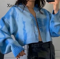 casual tie dye single breasted sky blue cardigan women autumn winter long batwing sleeve v neck knitted sweater coat female