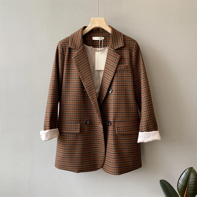 

Женский клетчатый Блейзер, элегантный винтажный пиджак в Корейском стиле с отложным воротником, офисная одежда для осени, 2021