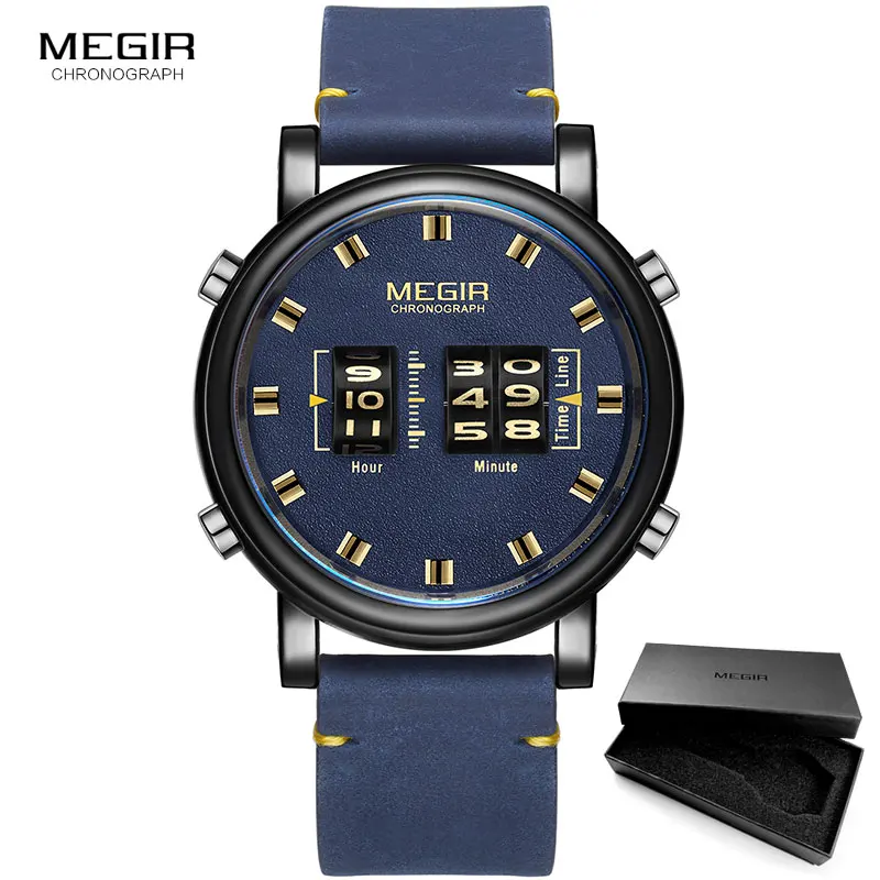 ML2137G-Blue MEGIR новые часы с верхним ремешком Мужские Военные Спортивные коричневые кожаные кварцевые наручные часы Роскошные барабанные роликовые часы relogio masculino 2137 - Цвет: ML2137G-Blue