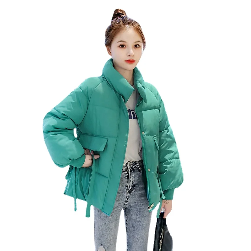 

Stand Collar Loose Thick Green Covered Button Coat Jacket Trend 2021 New Winter Warm Women Short Parka Overcoat