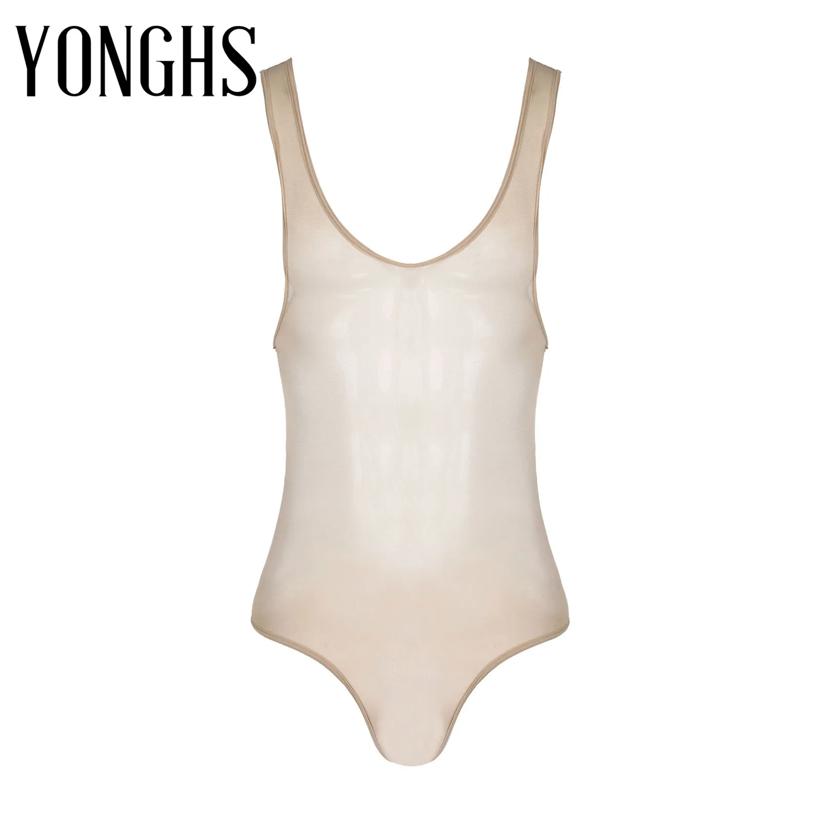 

Women Men See-through Erotic Bodysuit Glossy Stretchy Bodycon Romper Sleeveless Singlet Leotard Bulge Pouch Jumpsuit Nightwear