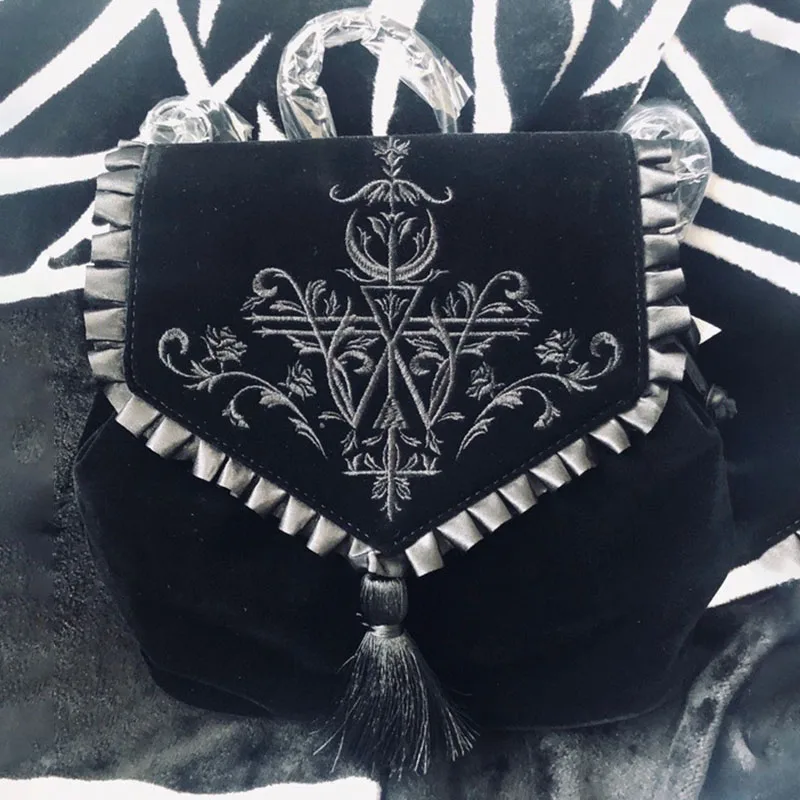 

Gothic Magic Embroidery Black Velvet Backpacks Punk Rock Style Solid Color Tassel Fungus Fashion Hipster 2021 Summer New