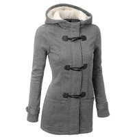 plus size women cotton horn button slim casual coat winter 2021 new parkas long sleeve warm jacket grey solid hood pocket coat