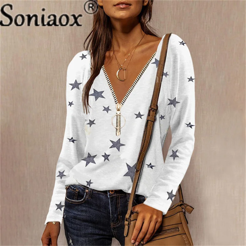 

Autumn Women's Fashion Tops Sexy V-Neck Zipper T-Shirt Star Letter Printed Long-Sleeve Casual Loose Pullover T-Shirt