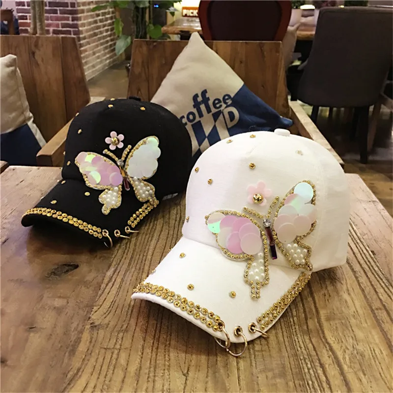 Summer Tourist Hat Plain Cotton Women Metal Baseball Cap Snapback Hip Hop Caps Casual Pearl Butterfly Sequins Baseball Caps Hats