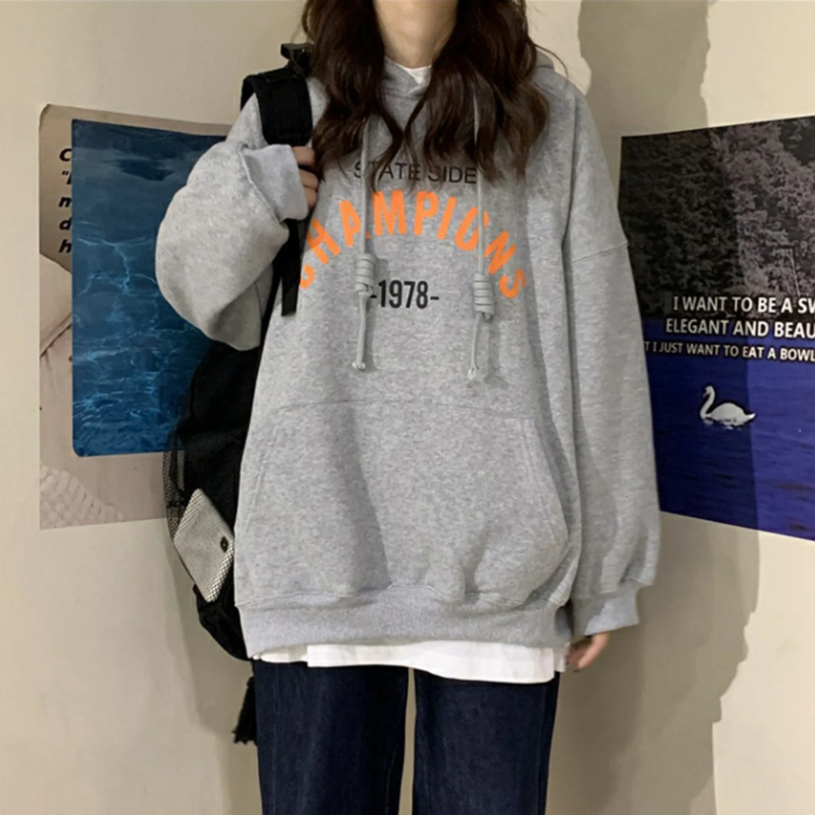 Women Letters Print Plush Warm Hoodie Sweatshirt Long Sleeve Autumn Pullover