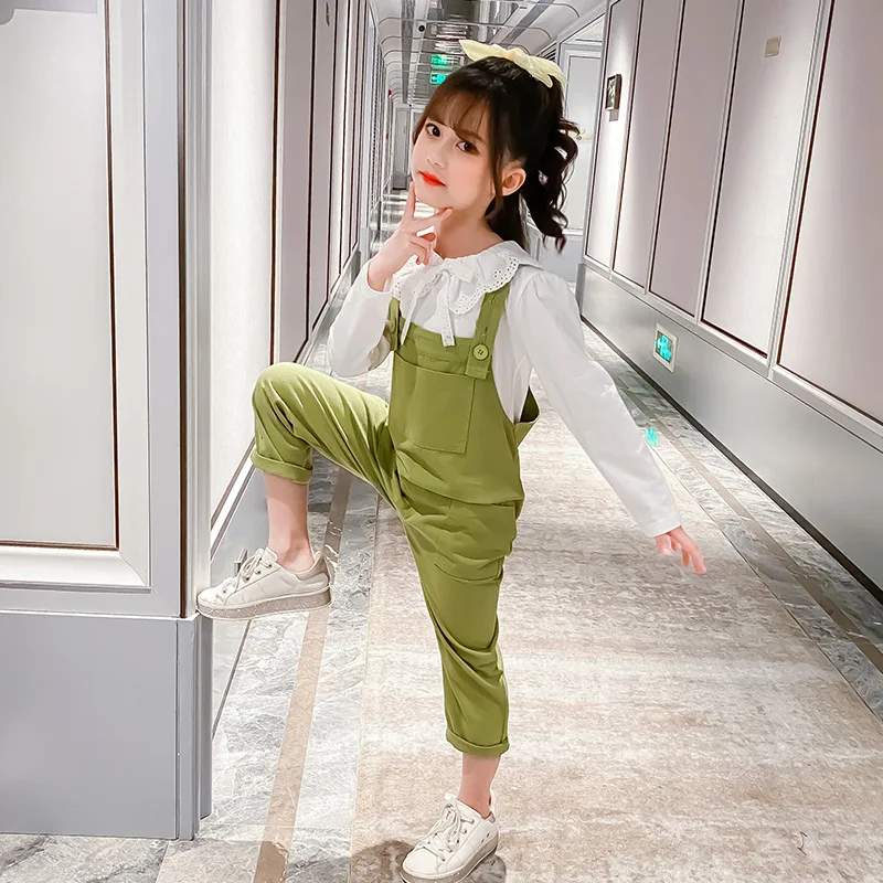 

Children Clothing 2020 Autumn Girls Clothes Suit Teenage Long Sleeve Lace Collar Tops + Overalls Pants 2Pcs Kids Tracksuits