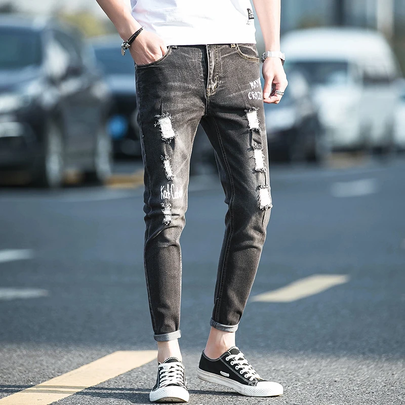 

Men's Broken Hole Pencil Jeans 2021 Spring New Classic Men Slim Ankle-length Pants Comfortable Men Clothing Distressed Male Pant