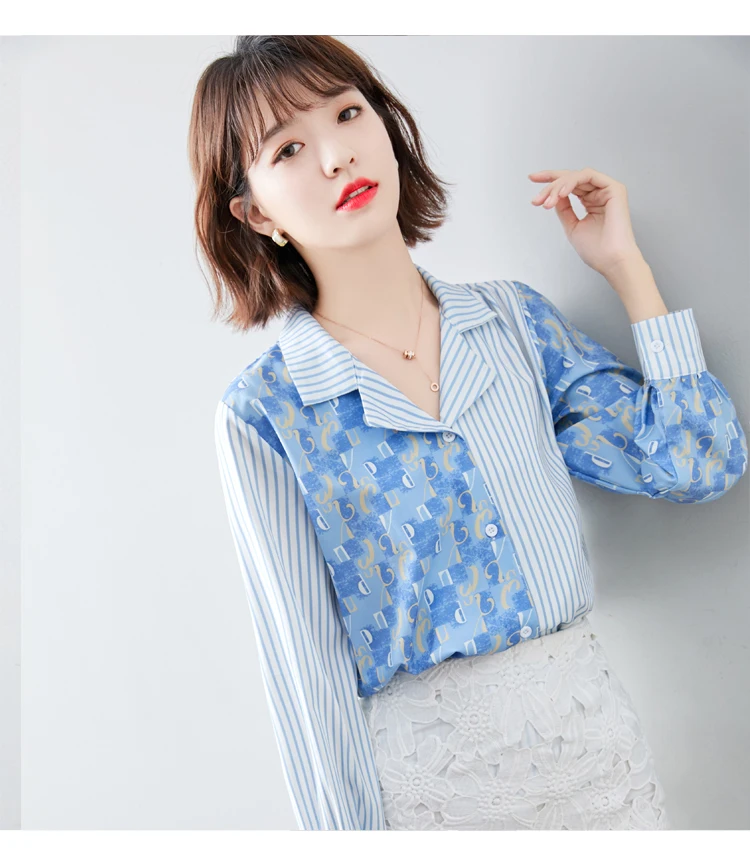 

Houthion Chiffon Slim Women's Blouses New Casual Blouse Fashion Long Sleeve Top Striped Letter Stitching Shirt Spring/autumn