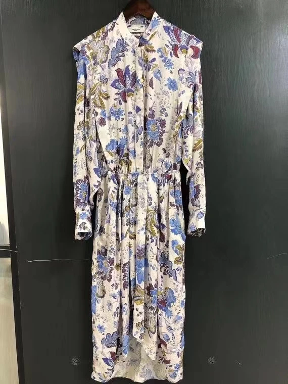 Women Floral Printed Dress Asymmetrical Hem Long Sleeve Autumn New 2021 O-neck Holiday Style Robe