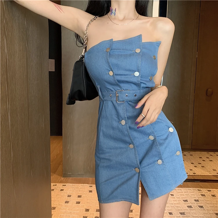 

2020 Summer New Denim Dress Female Sexy Slimming Patchwork Sleeveless High Waist Double Breasted Fashion Women Mini Dress