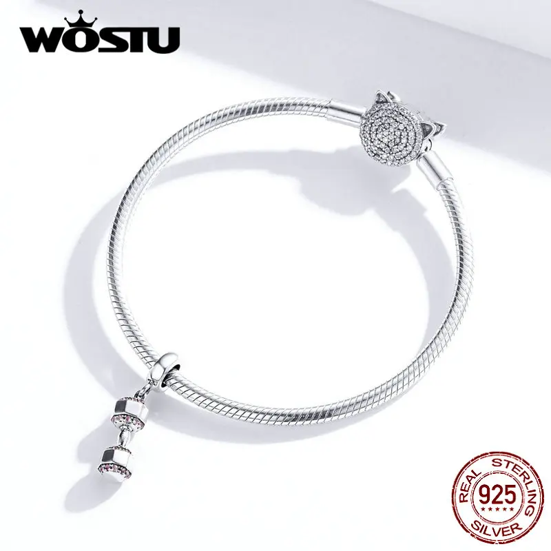 WOSTU Dumbbell Fitness Charms 925 Sterling Silver Fit Original Bracelet Pendant Beads Women DIY Necklace Sport Jewelry FIC1340 | Украшения