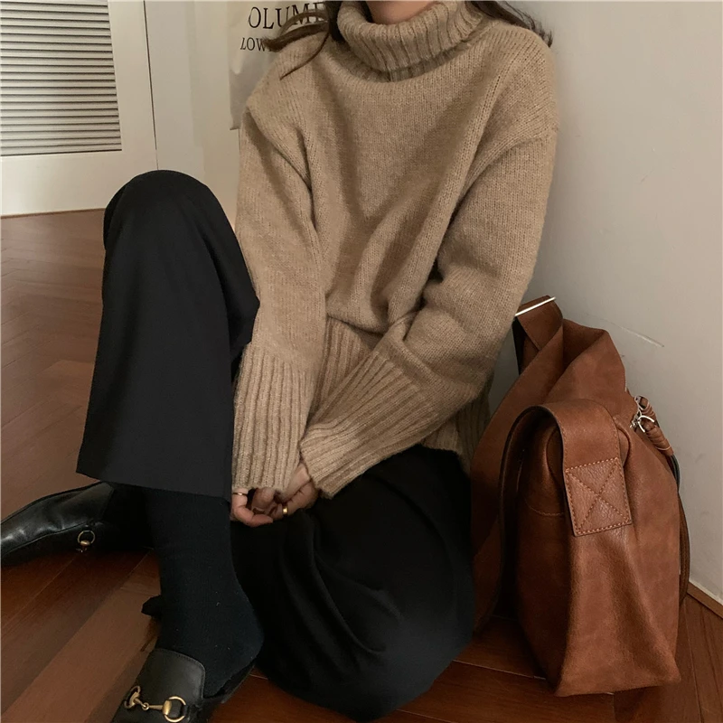 

Comelsexy 2021 New Autumn Winter Outwear Tops Vintage Thick Warm Turtleneck Sweater Women Elegant Loose Knitted Sweaters Female