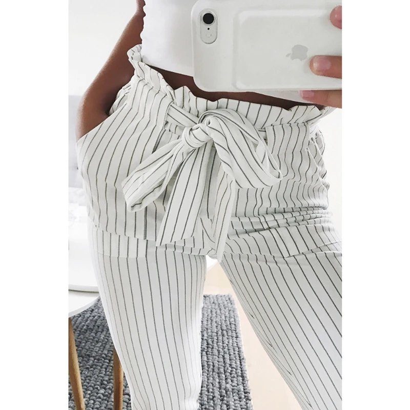 

2021 Women Fashion Casual OL Pencil Pants Bow Tie Drawstring Sweet Elastic Waist Pockets Casual Trousers Slim Strip Pants