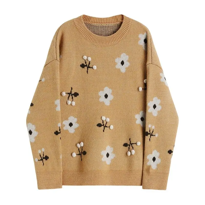 

Women's Vintage Jacquard Sweater Pullovers Warm knitted Loose Streetwear Fashion Harajuku Female Embroidery Knitwear Jumper Top
