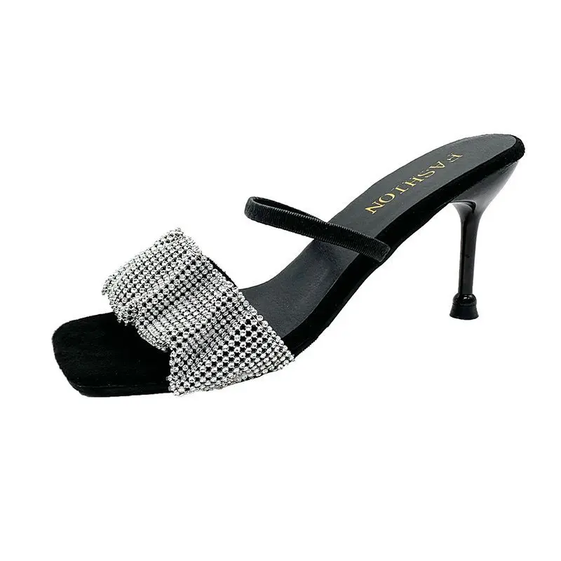 

Glitter Slides Slippers Casual Shoes Woman 2021 Low Heeled Mules Flock Pantofle Jelly Luxury High Thin Summer New Rome Crystal B