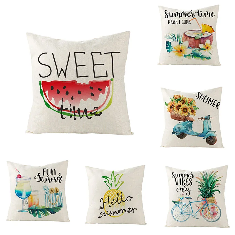 

Linen Pillowcase Summer Fruit Beach Theme Decorative Cushion Cover Throw Pillows Covers For Sofa Bed Car Home Decor 45*45cm/pc