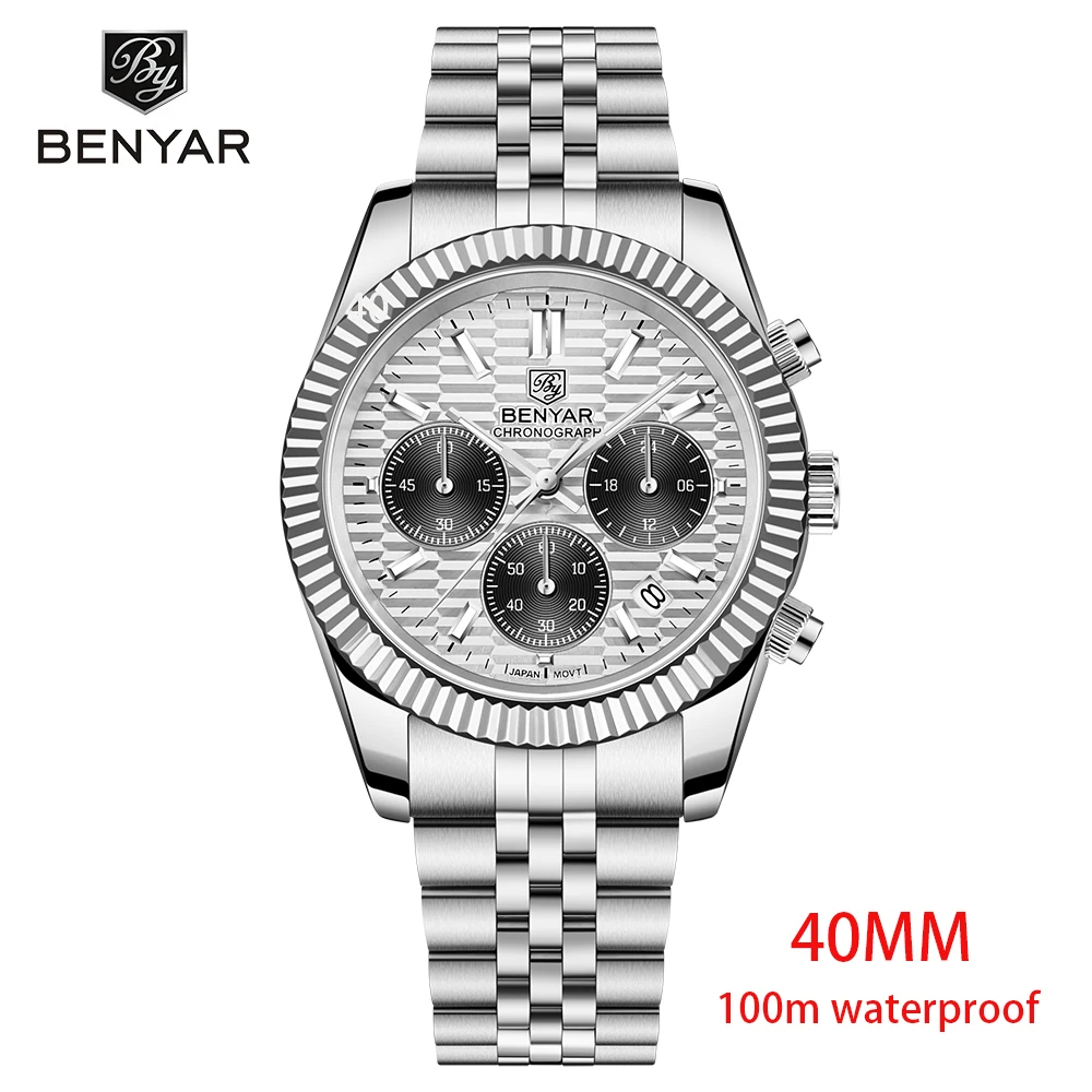 Benyar 2021 New Men's 40mm Quartz Watch Luxury Sapphire Stainless Steel 100m Waterproof Men's Automatic Watch Relogio Masculino