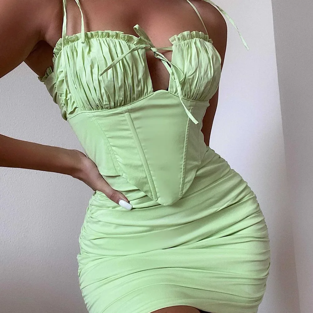 

Women Fashion Mini Dress Sling Sleeveless Backless Solid Color Slim Sheath Folds Lacing Package Hips Vestidso Feminino 2021 Hot