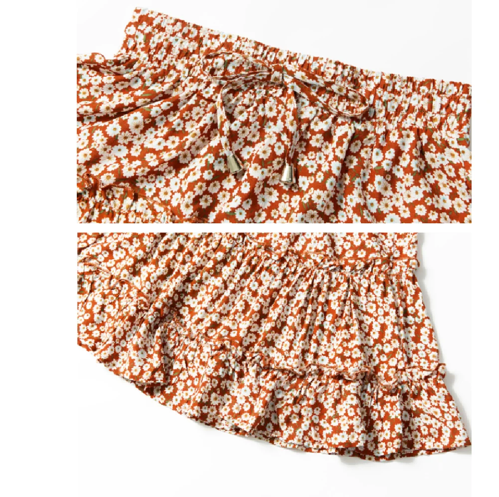 

Women's Floral Print High Waist with Drawstring Ruffle Flared Layered A Line Skater Mini Skirt Skirts Womens
