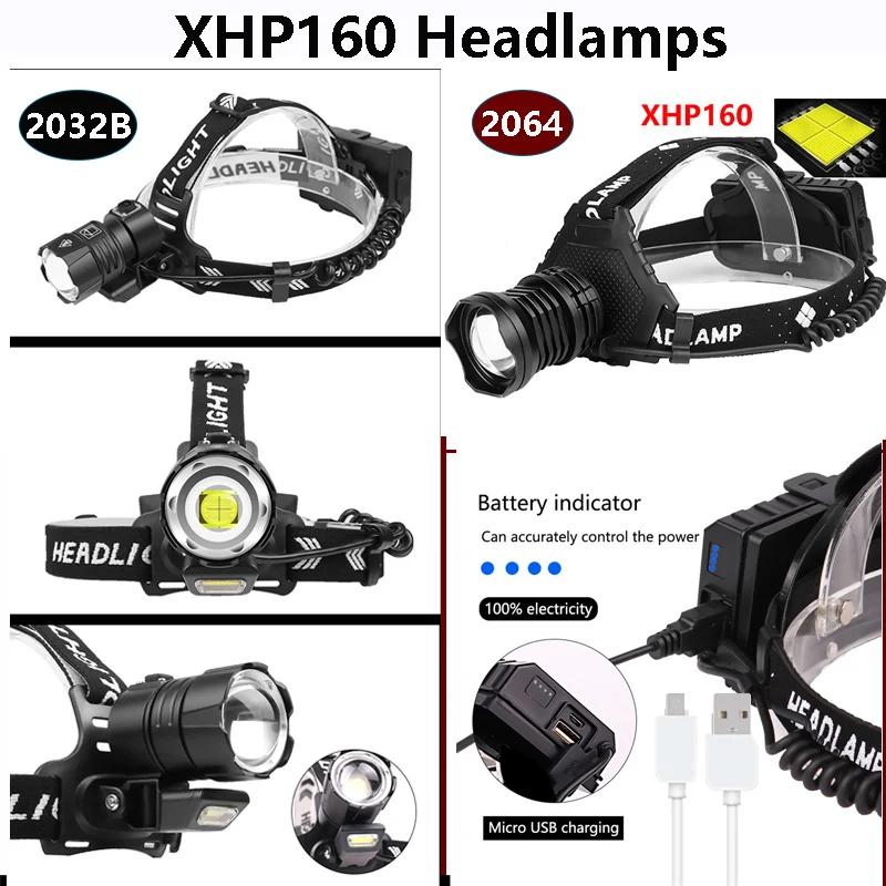 Светодиодный налобный фонарь XHP160 Power ful водонепроницаемый регулируемый с