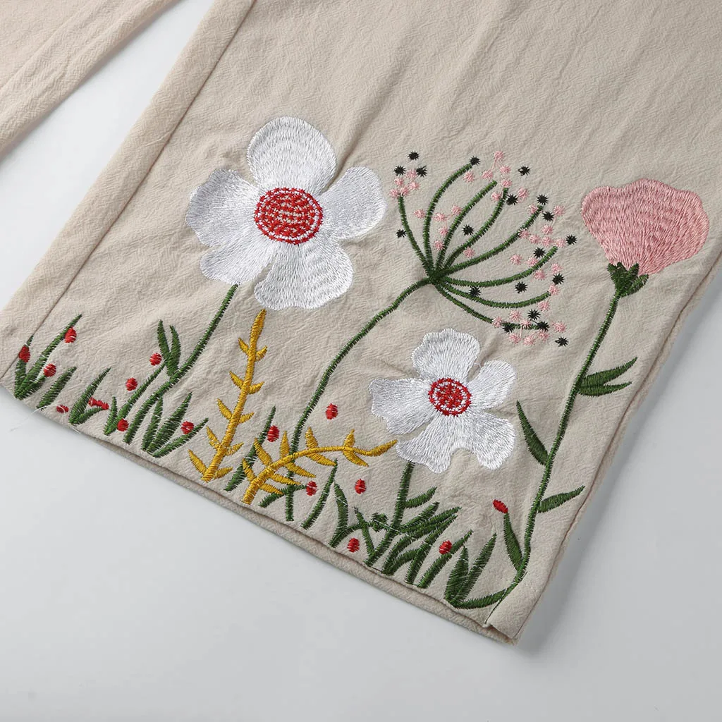 Женские джоггеры повседневные хлопковые льняные широкие брюки с вышивкой