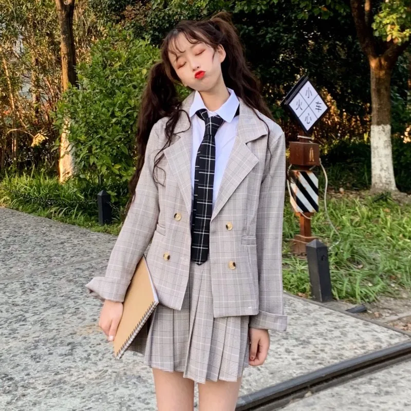 Suit Female Autumn New Korean Version of the Western Style Students Shirt Loose Plaid Coat JK Small Pleated school skirt | Тематическая