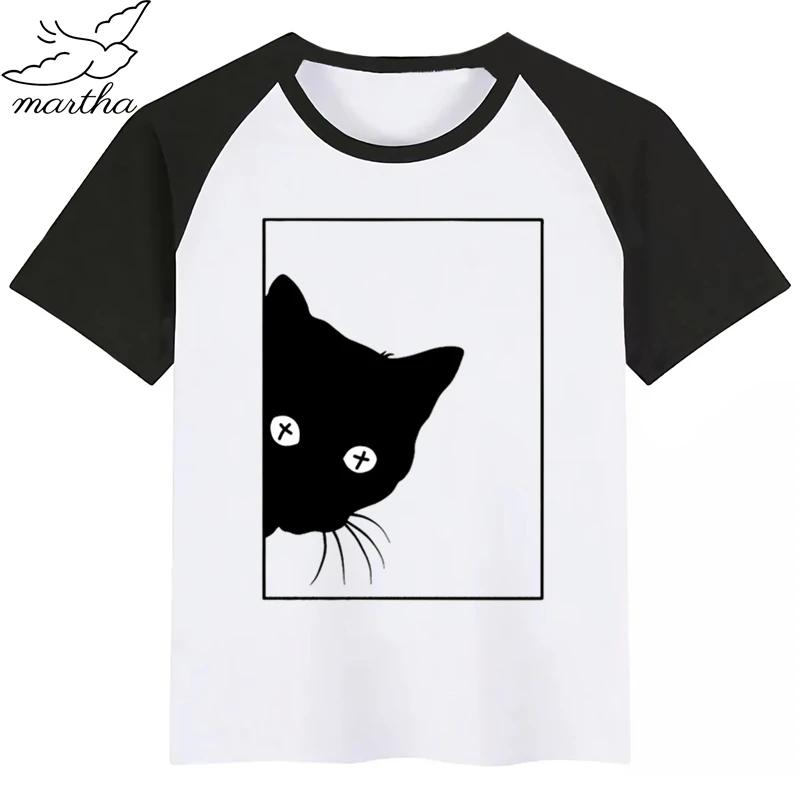 Kids Black Cat Print Funny T-shirt Summer Short Sleeve Tops Children Cartoon Tshirt Baby Clothes | Мать и ребенок