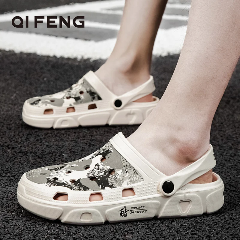 

Summer Men Beach Shoes Slippers Casual Outdoor Anti Slippery Flat Slides Sandals Leather Flip Flops Black Fashion Wooden Shoes