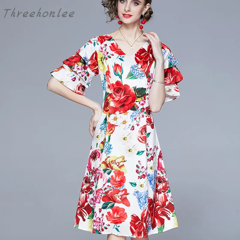 

Женское платье миди с цветочным принтом, элегантное модельное дизайнерское платье с V-образным вырезом, повседневное праздвечерние чное пл...