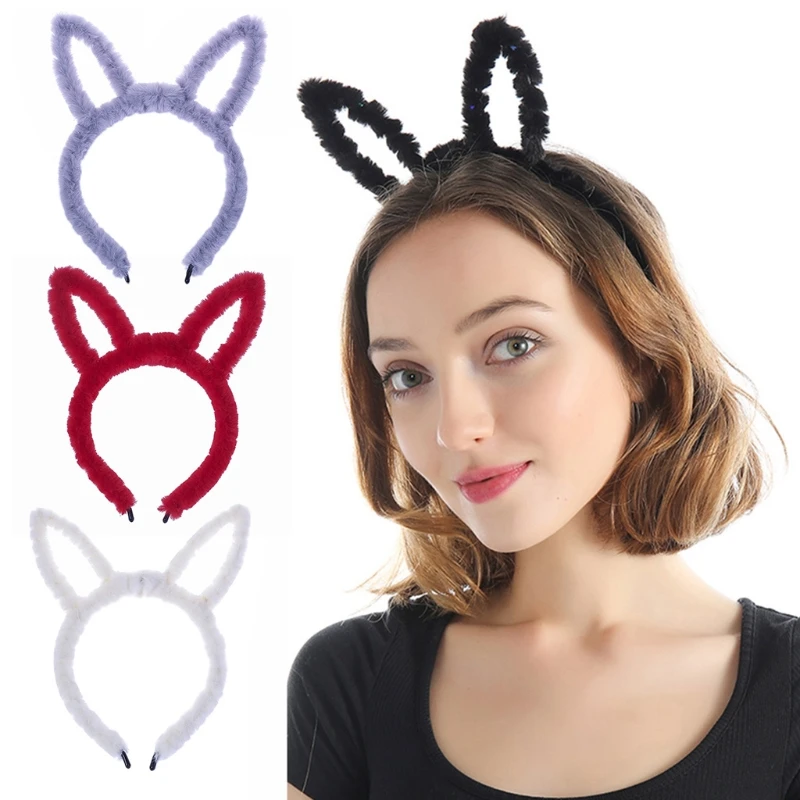 Cute Hollow Out Cat Rabbit Ears Headband Fuzzy Furry Plush Solid Color Hair Hoop Wash Face Makeup Cosplay Headpiece