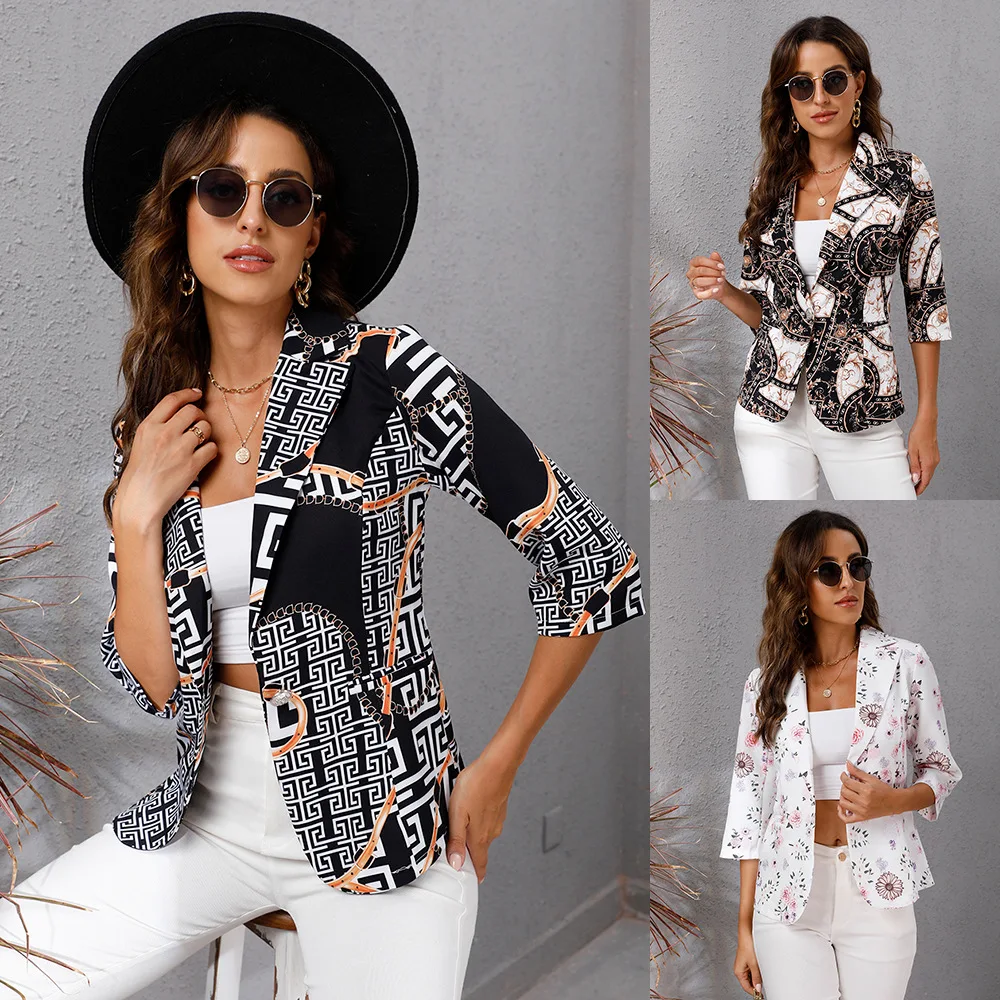 

2021 Autumn New Women's Casual Fashion Printed Lapel Three-Quarter Sleeve Jacket