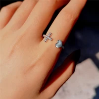 new silve color cross heart opening ring for women rhinestone heart cross adjustable rings party wedding jewelry gifts