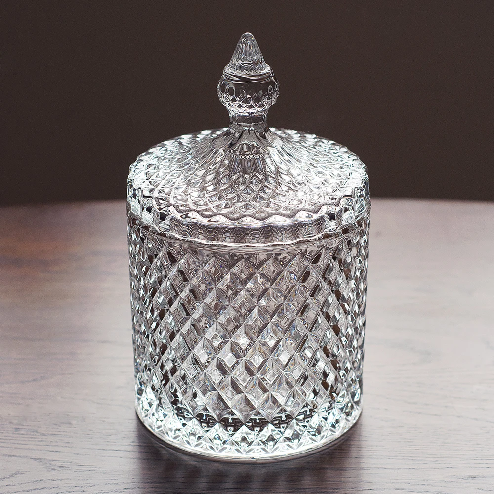 

Crystal Glass Vintage Embossed Pattern Decorative Bottles Jar Jewelry Storage Cotton Swab Box Tabletop Ornaments Home Decoration
