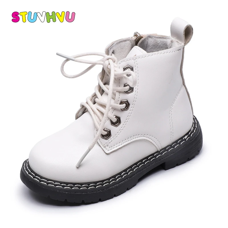

Winter Children Martin Boots for Boys and Girls Shoes Fashion Lace Up Zipper Kids Ankle Boots White Black Leather Girls Boots