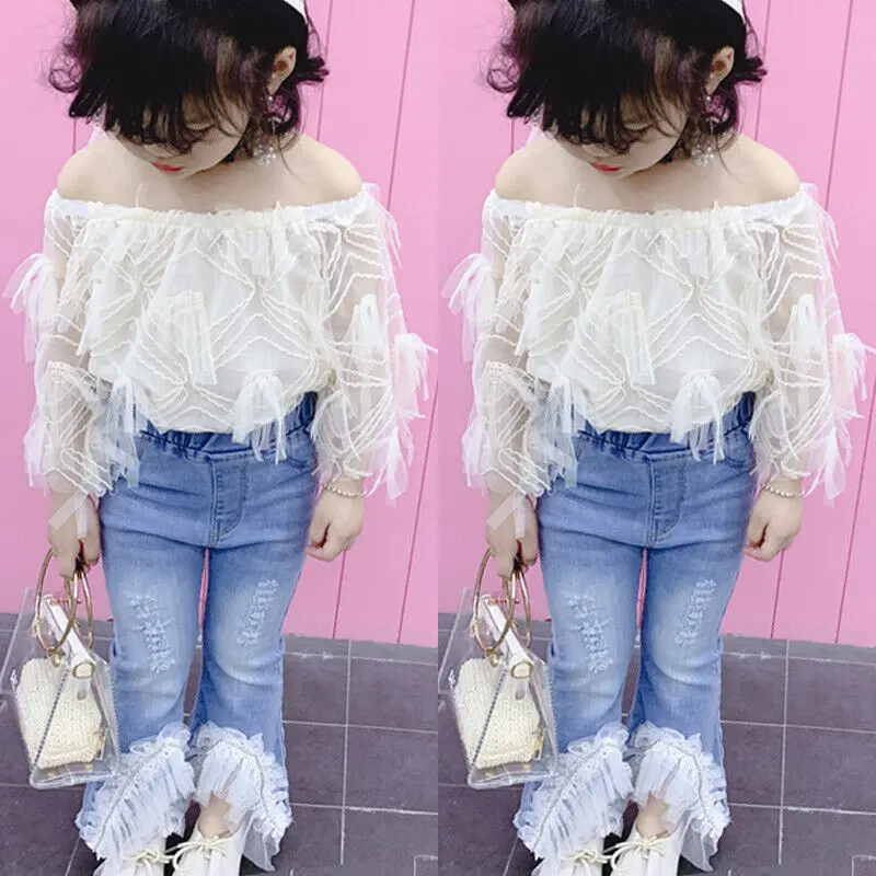 Модный осенний комплект для девочек летняя Кружевная футболка маленьких топы