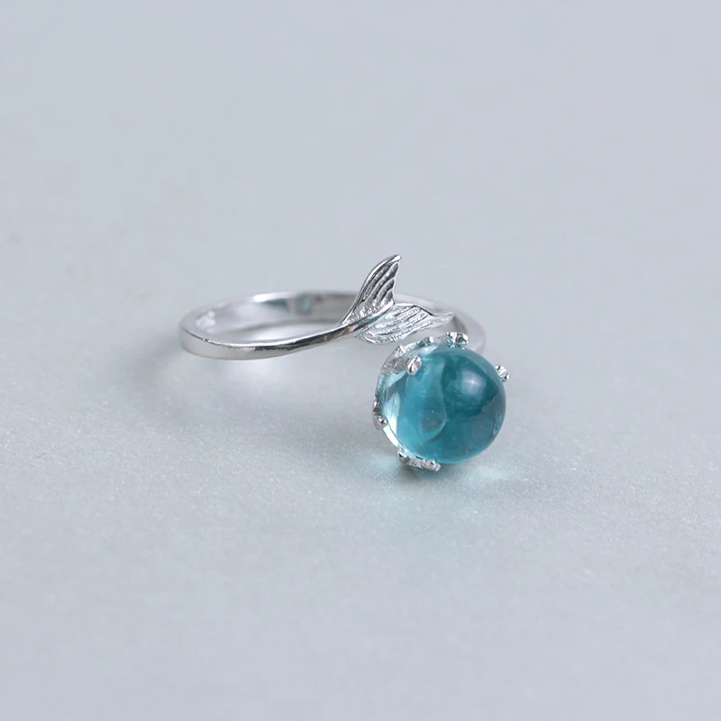 Серебряное кольцо с голубым кристаллом в виде пузырьков русалки Открытое