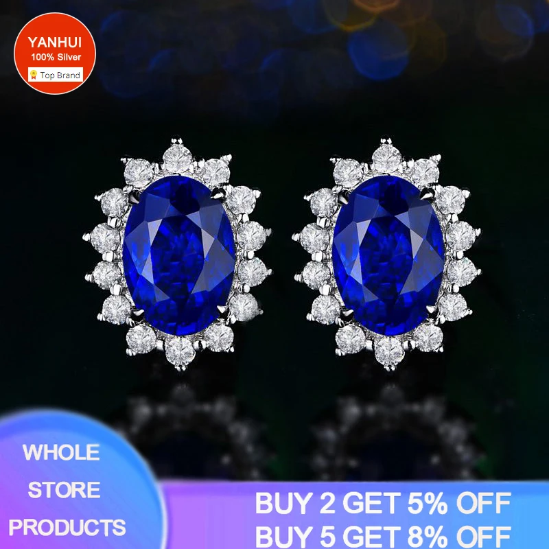 

YANHUI 925 Sterling Silver Earrings New Woman Fashion Jewelry High Quality Blue Crystal Zircon Hot Selling Stud Earrings Gift