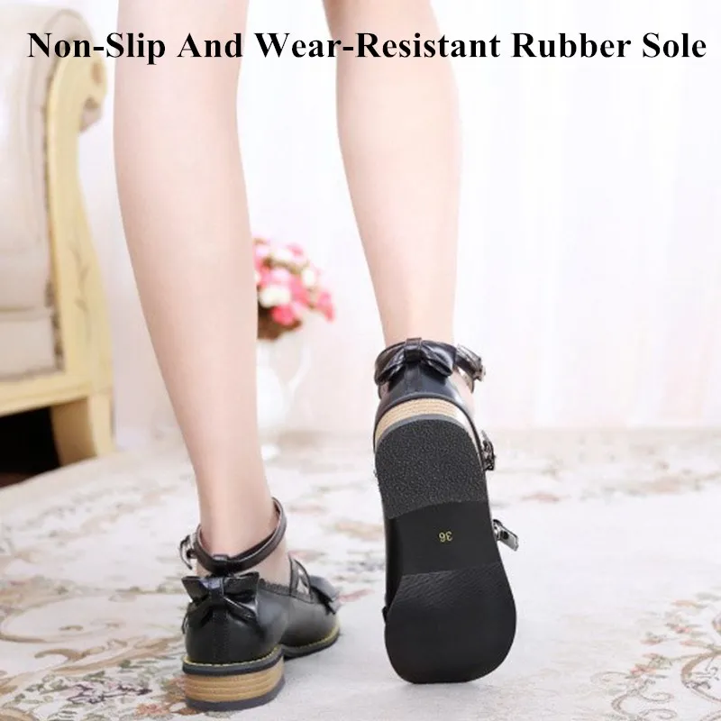 Lovely Women Round Toe Lolita Pumps Japanese Ankle Strap Low Heels Leather Pumps Sweet Bowtie Princess Party Shoes Plus Size 42